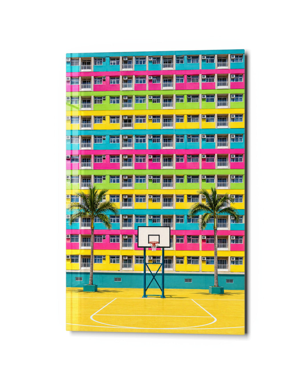 Hoops Below the Balconies glass wall art, studio view