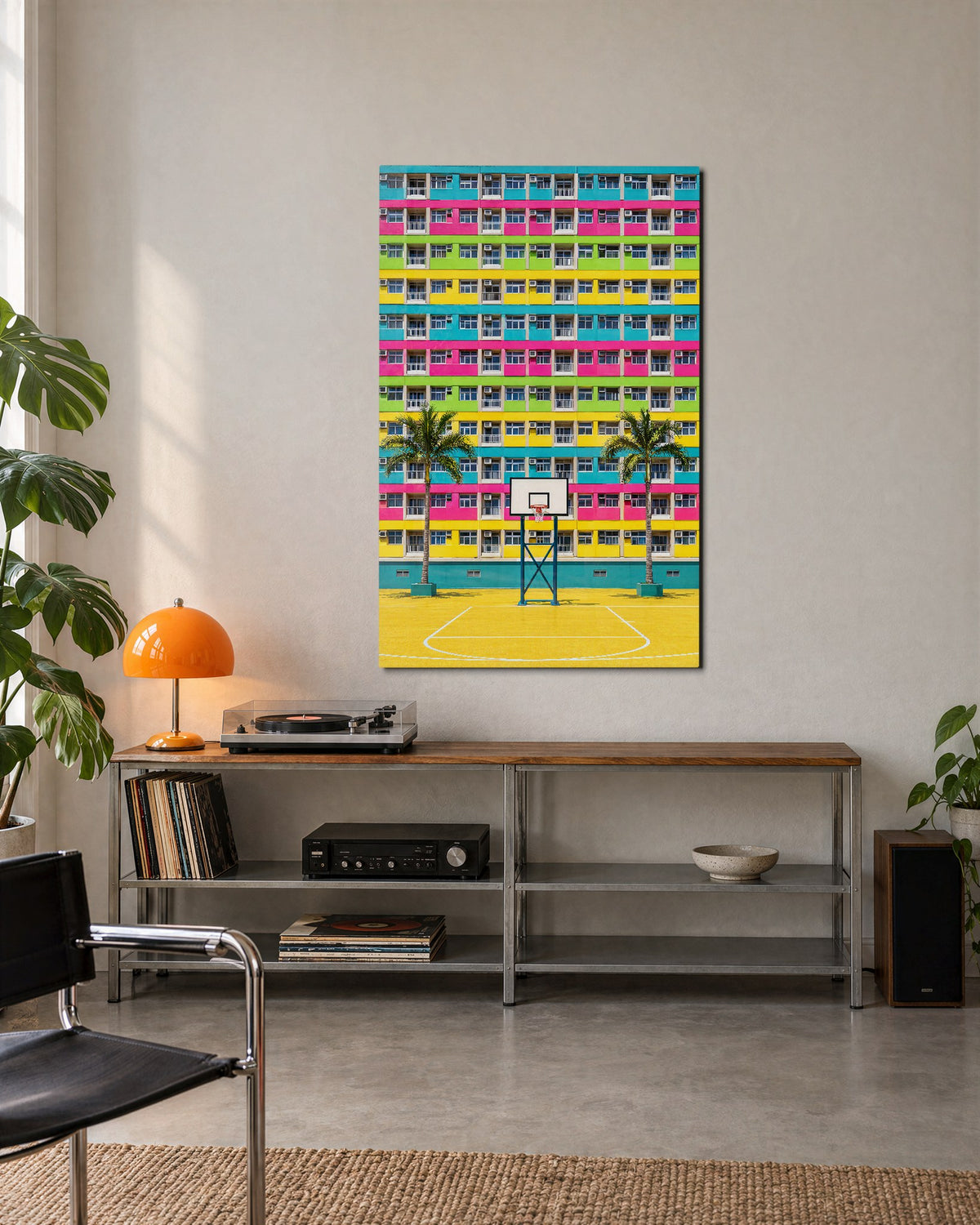 Hoops Below the Balconies glass wall art, lifestyle view