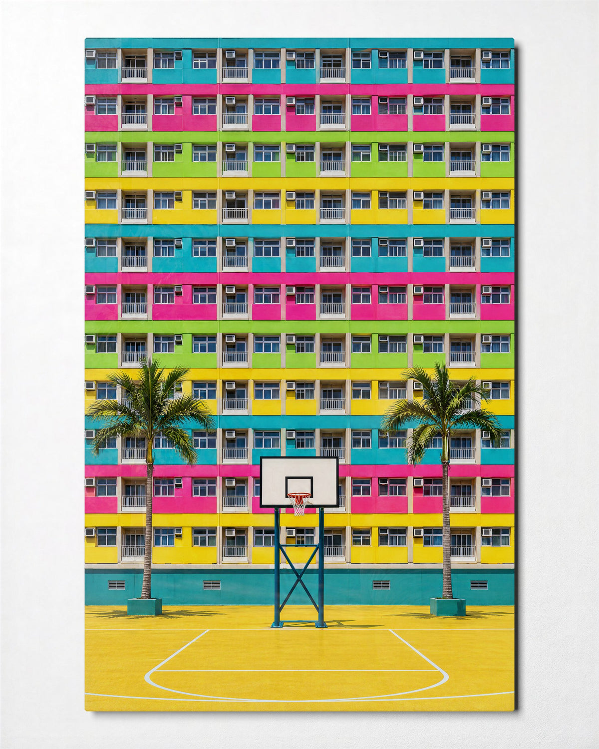 Hoops Below the Balconies glass wall art, front view