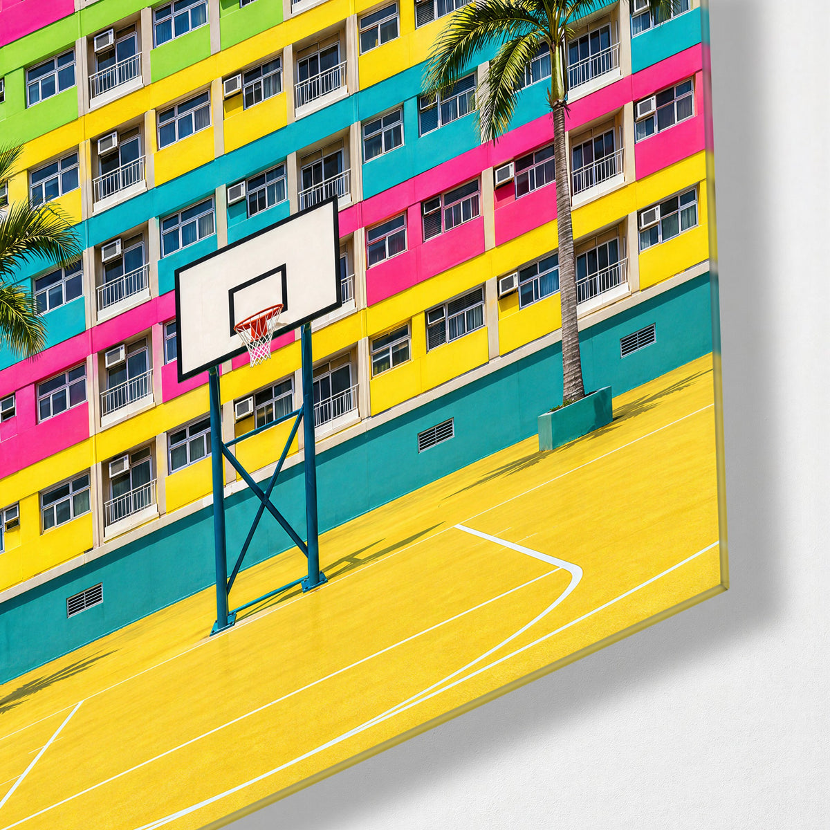Hoops Below the Balconies glass wall art, corner view