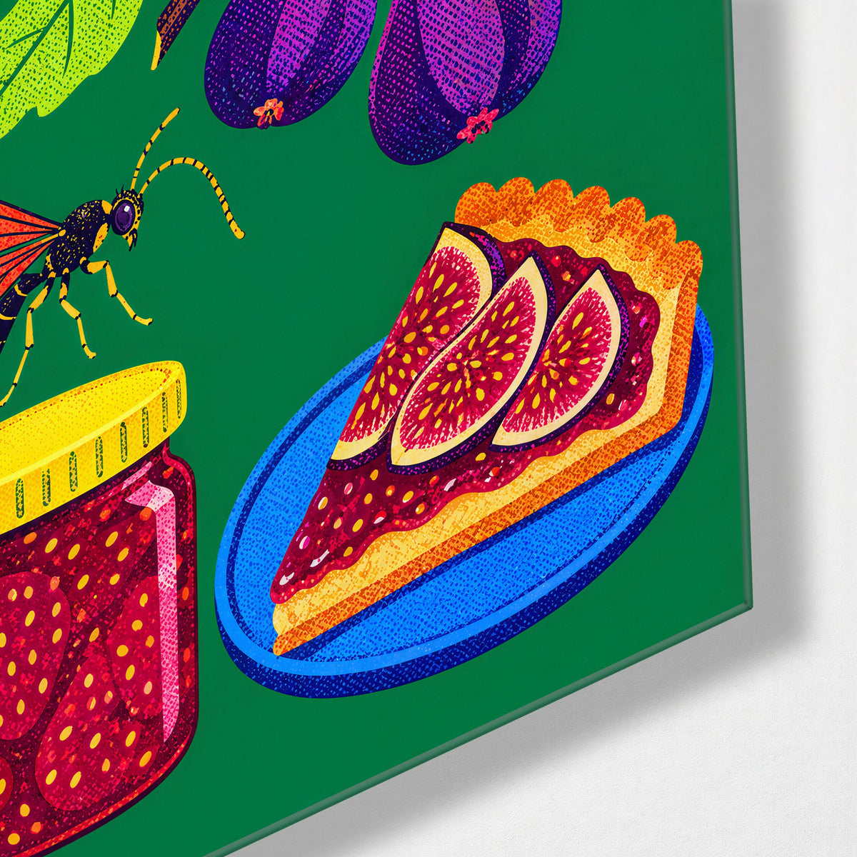 Tart, Jam and a Guest glass wall art, corner view