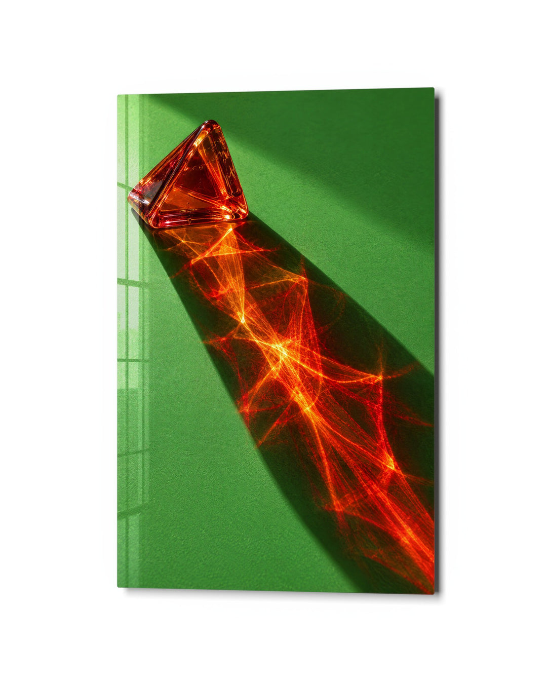 Honey Triangle, Green Table glass wall art, studio view