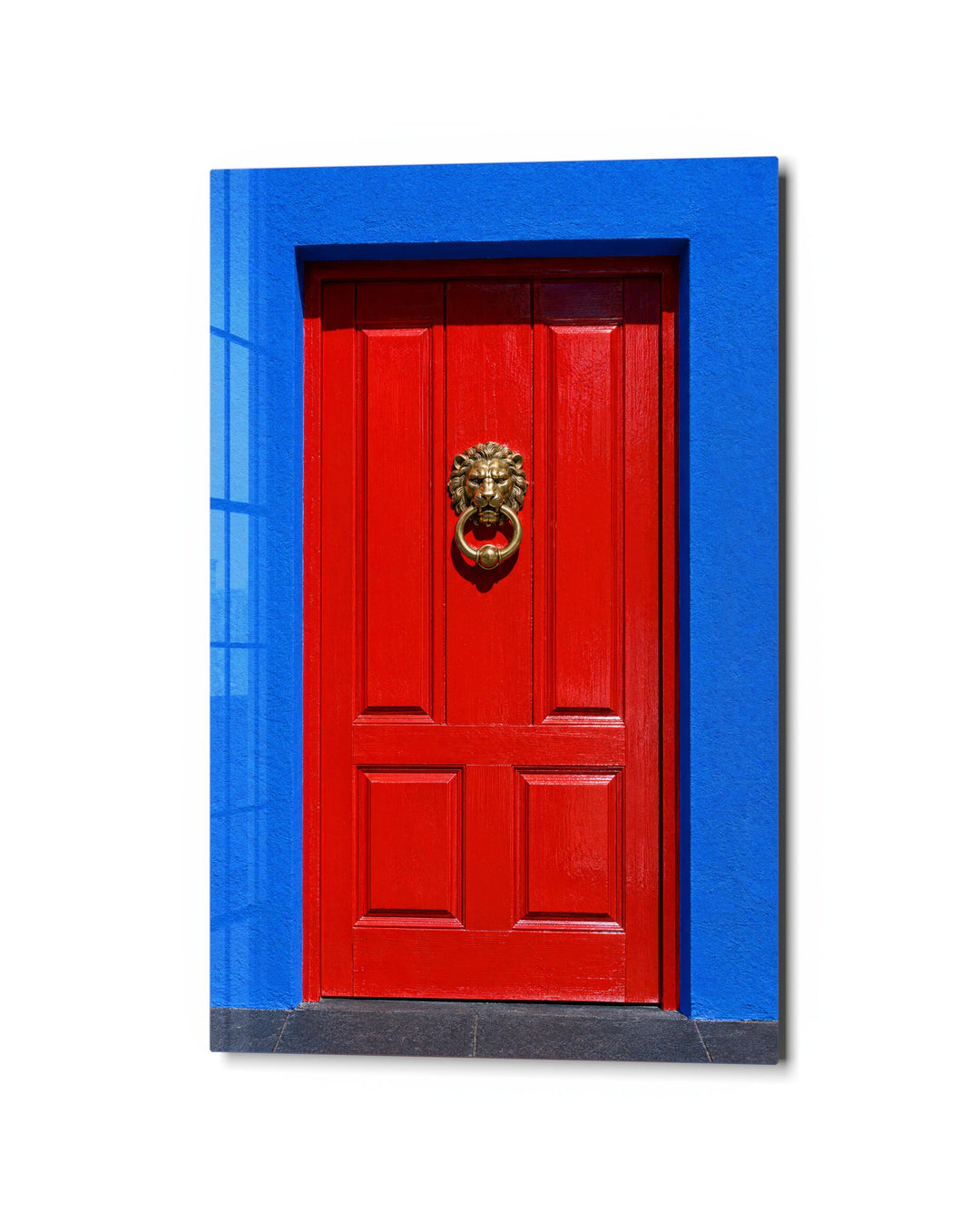 Lion Knocker, Cobalt Frame glass wall art, studio view