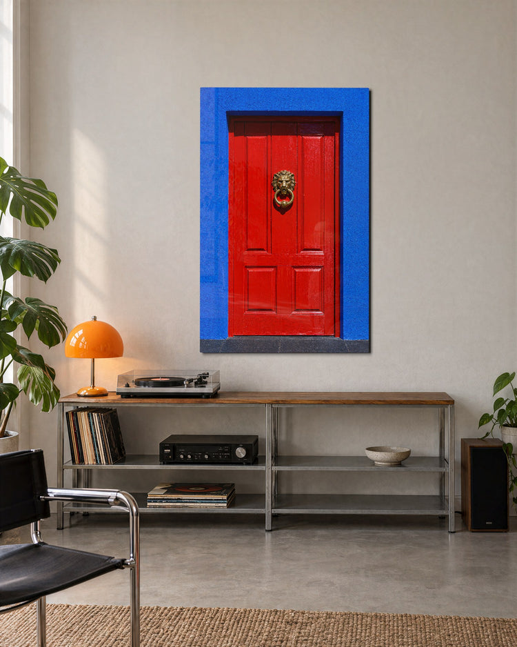Lion Knocker, Cobalt Frame glass wall art, lifestyle view