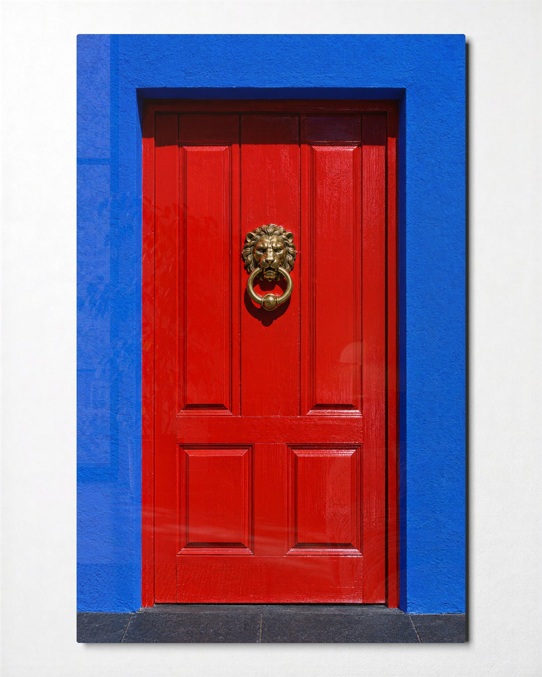 Lion Knocker, Cobalt Frame glass wall art, front view