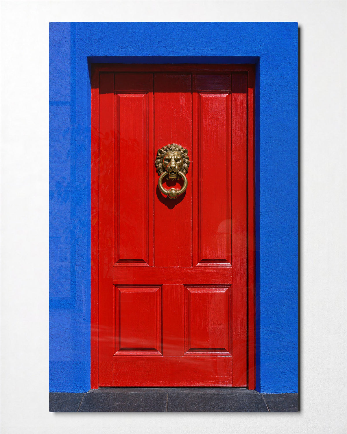 Lion Knocker, Cobalt Frame glass wall art, front view