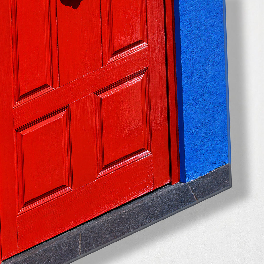 Lion Knocker, Cobalt Frame glass wall art, corner view