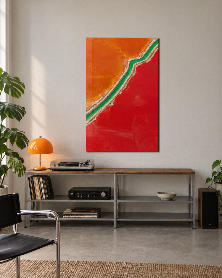 Fault Line in Fire Colors glass wall art, lifestyle view