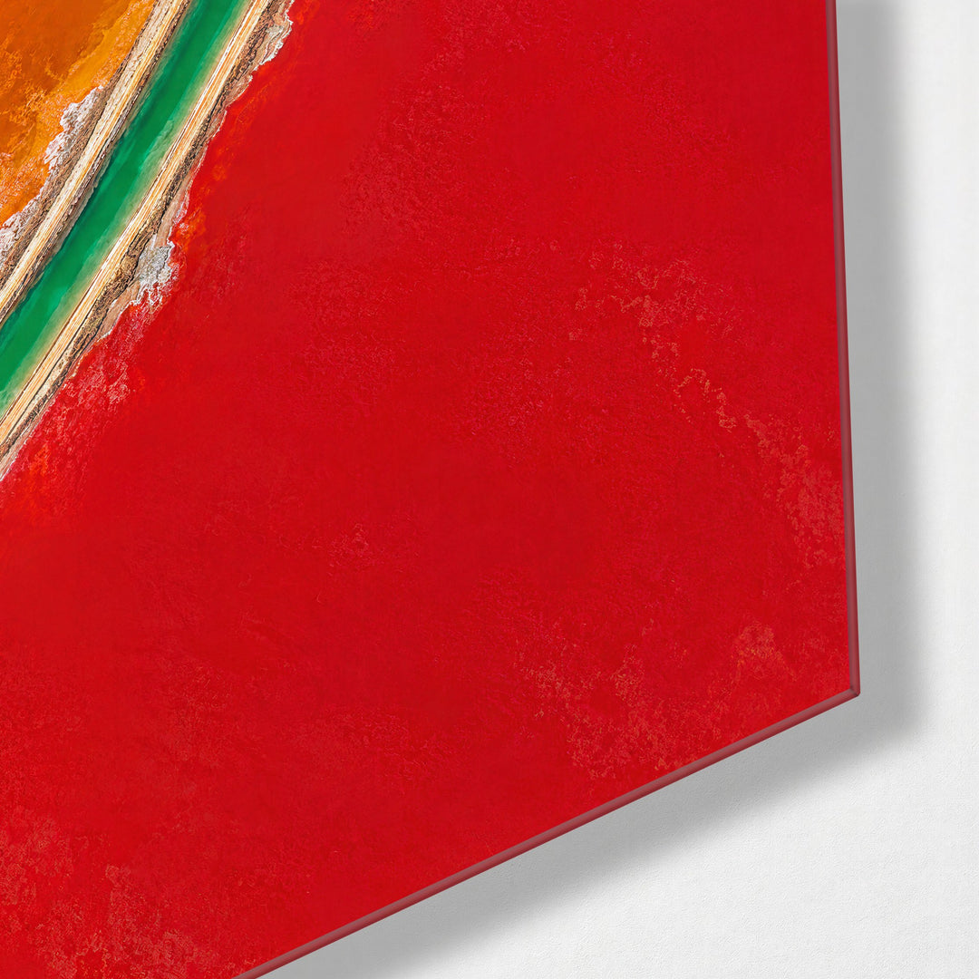 Fault Line in Fire Colors glass wall art, corner view