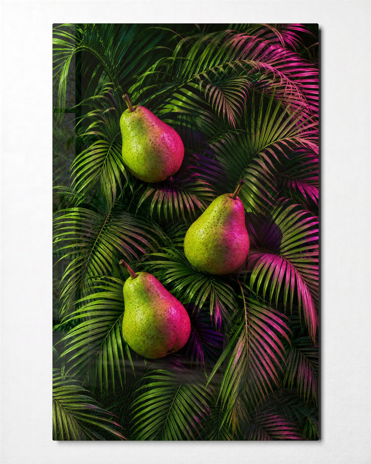 Green Fruit in Shadowy Fronds glass wall art, front view