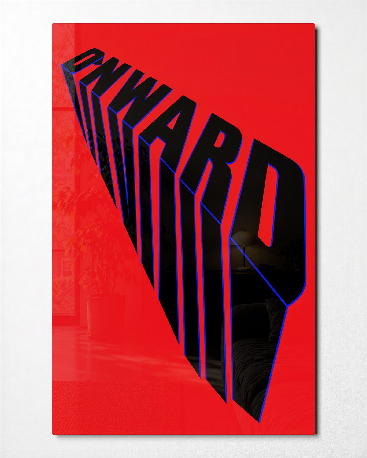 Forward, in Capital Letters glass wall art, front view