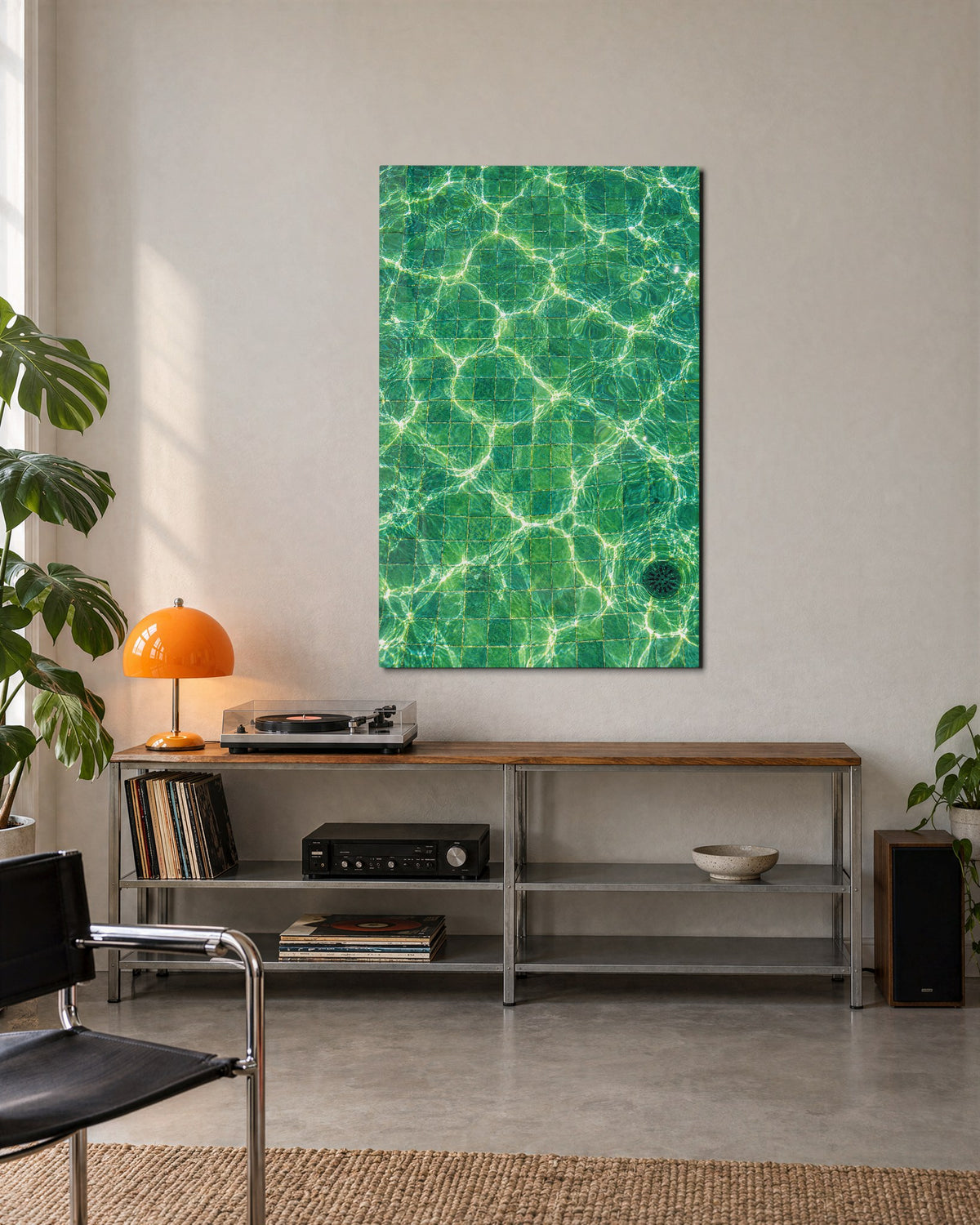 Sunlight Nets on Green Tile glass wall art, lifestyle view