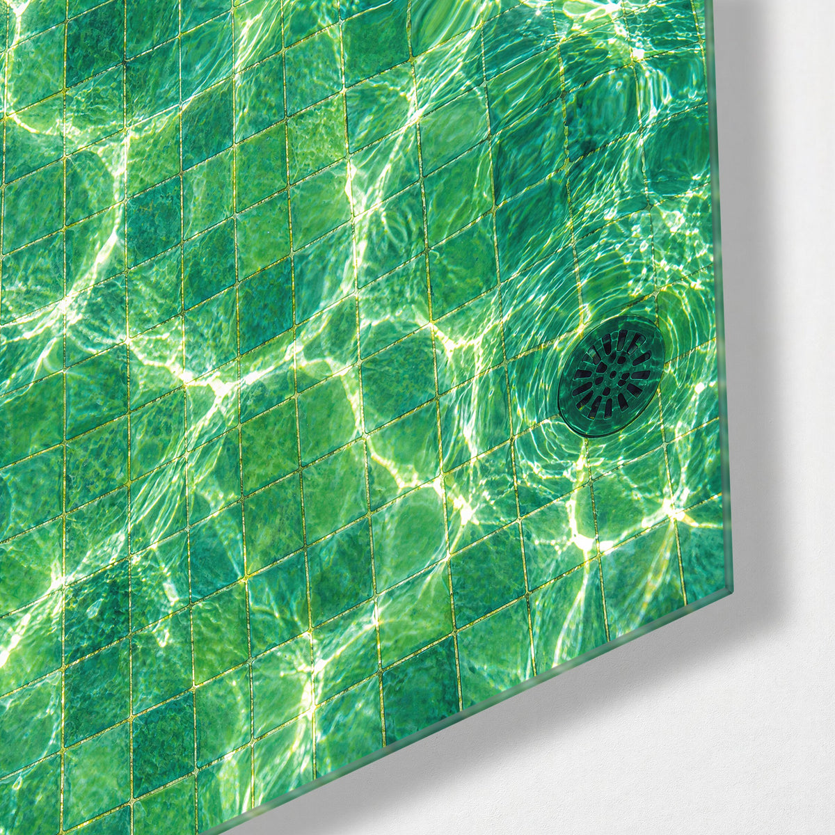 Sunlight Nets on Green Tile glass wall art, corner view
