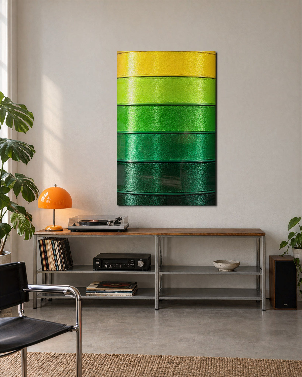 Ribbons Going Deep glass wall art, lifestyle view