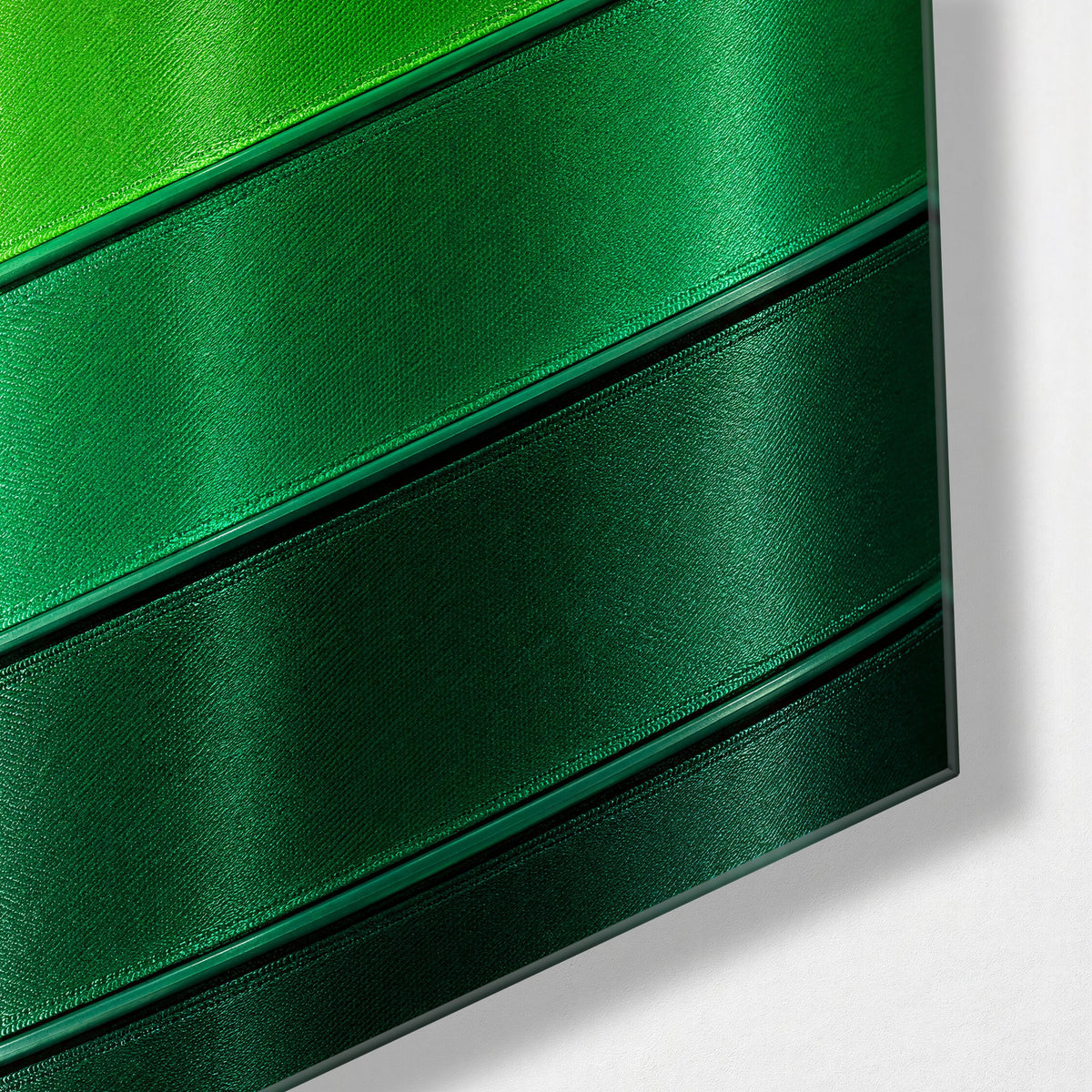 Ribbons Going Deep glass wall art, corner view