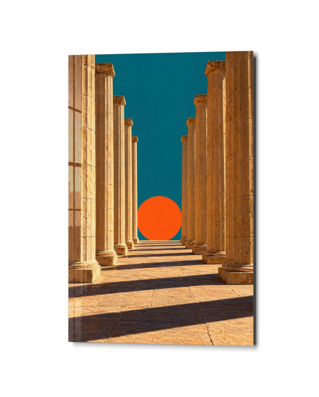 Arcade Ending in Orange glass wall art, studio view