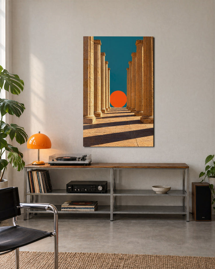 Arcade Ending in Orange glass wall art, lifestyle view