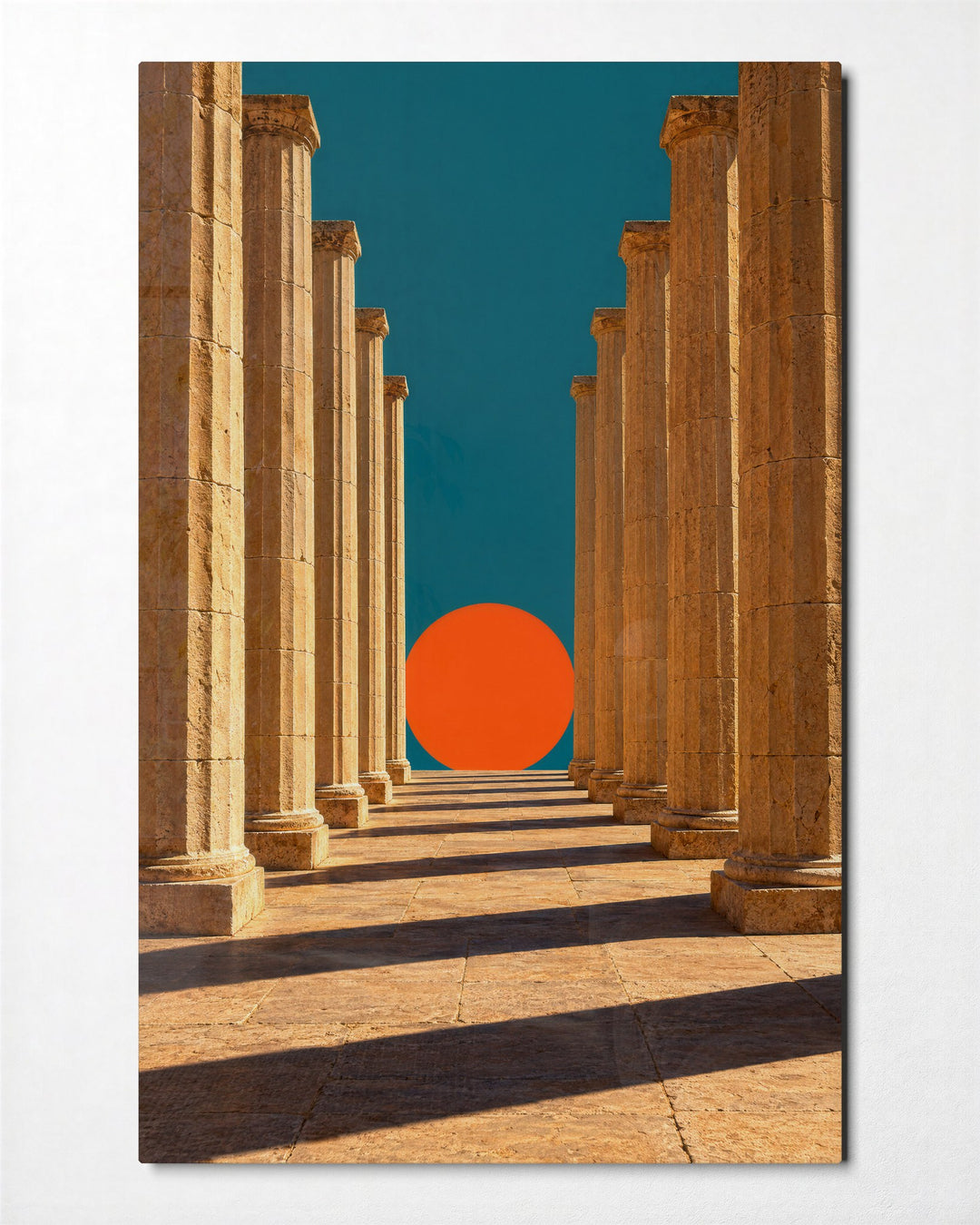 Arcade Ending in Orange glass wall art, front view