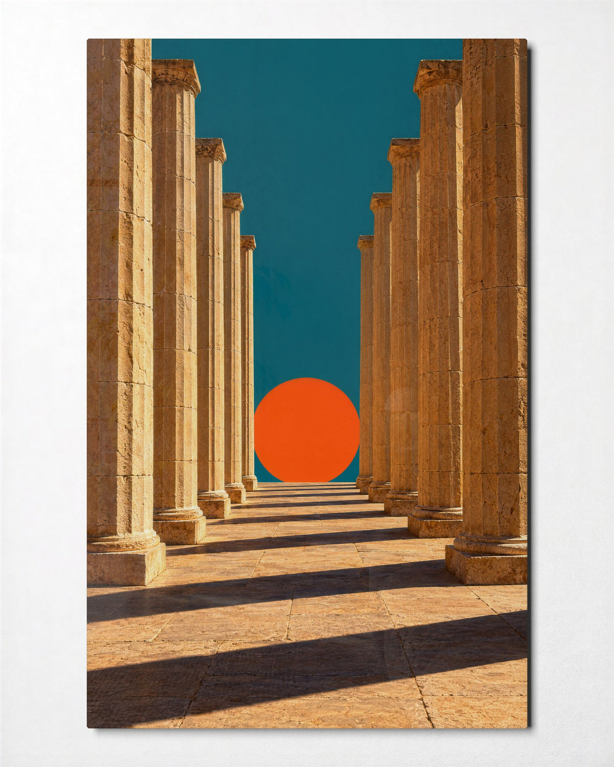 Arcade Ending in Orange glass wall art, front view