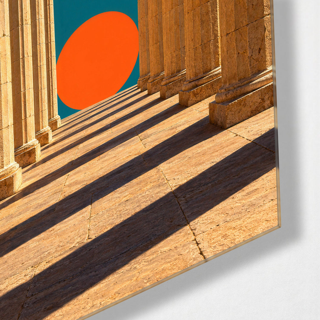 Arcade Ending in Orange glass wall art, corner view