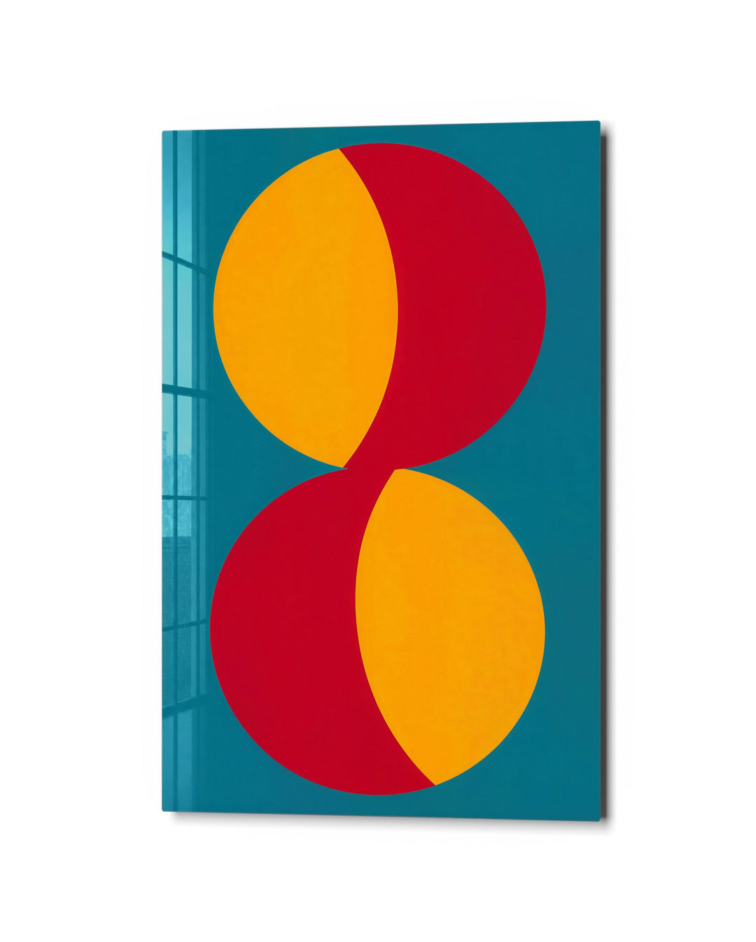 Spin Cycle in Teal glass wall art, studio view