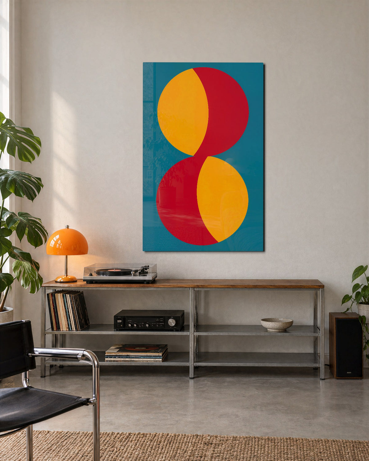 Spin Cycle in Teal glass wall art, lifestyle view