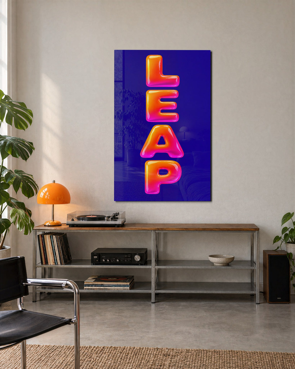 Inflated Letters, Deep Blue glass wall art, lifestyle view