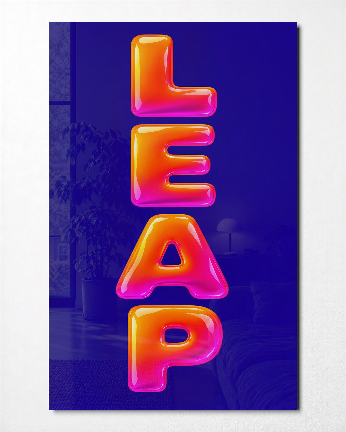 Inflated Letters, Deep Blue glass wall art, front view