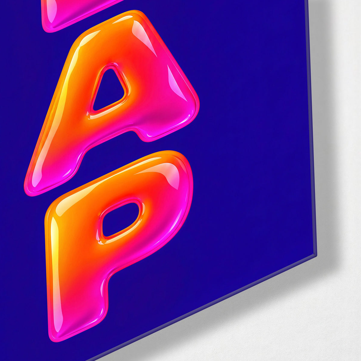 Inflated Letters, Deep Blue glass wall art, corner view