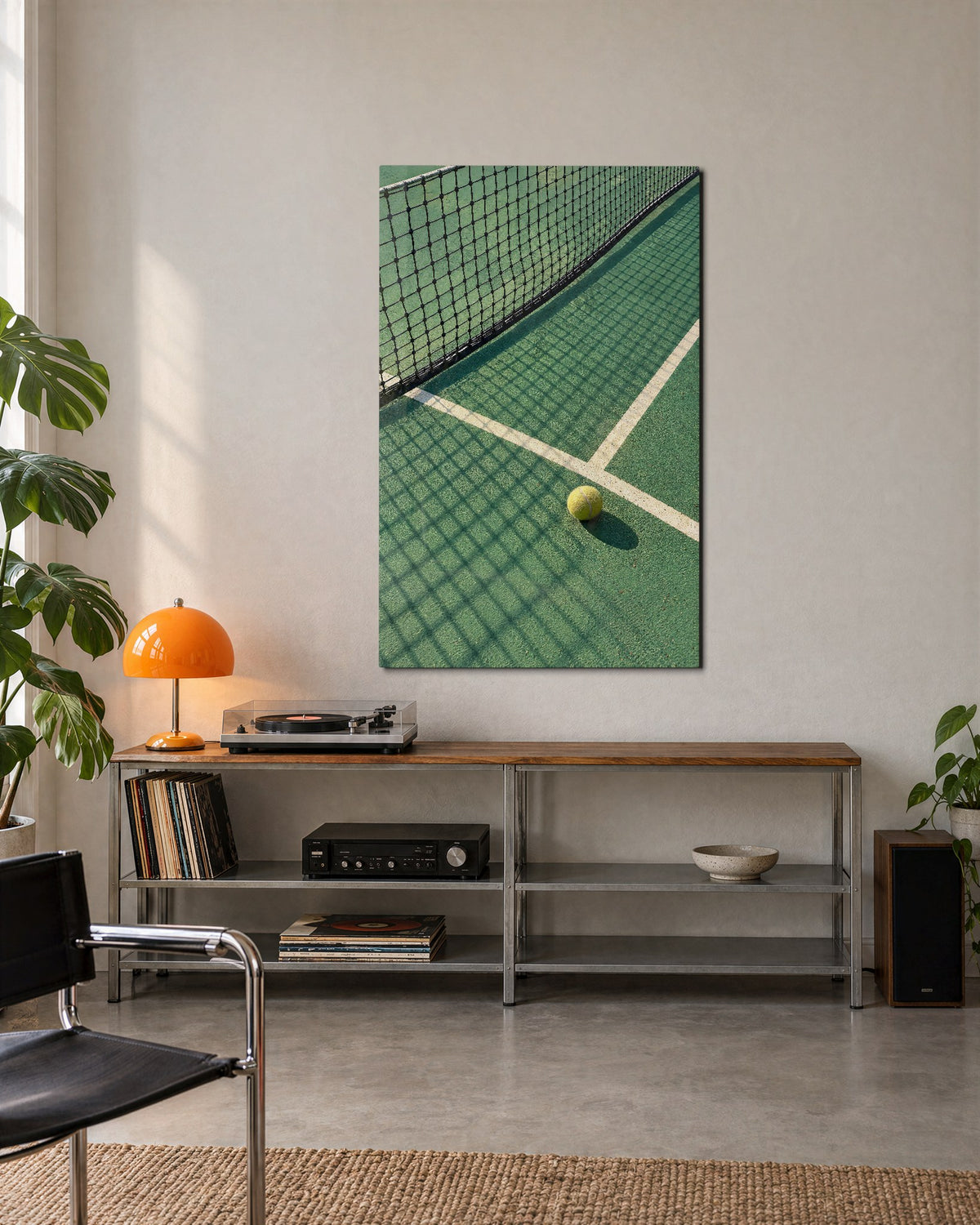 Tennis Ball Takes Five glass wall art, lifestyle view