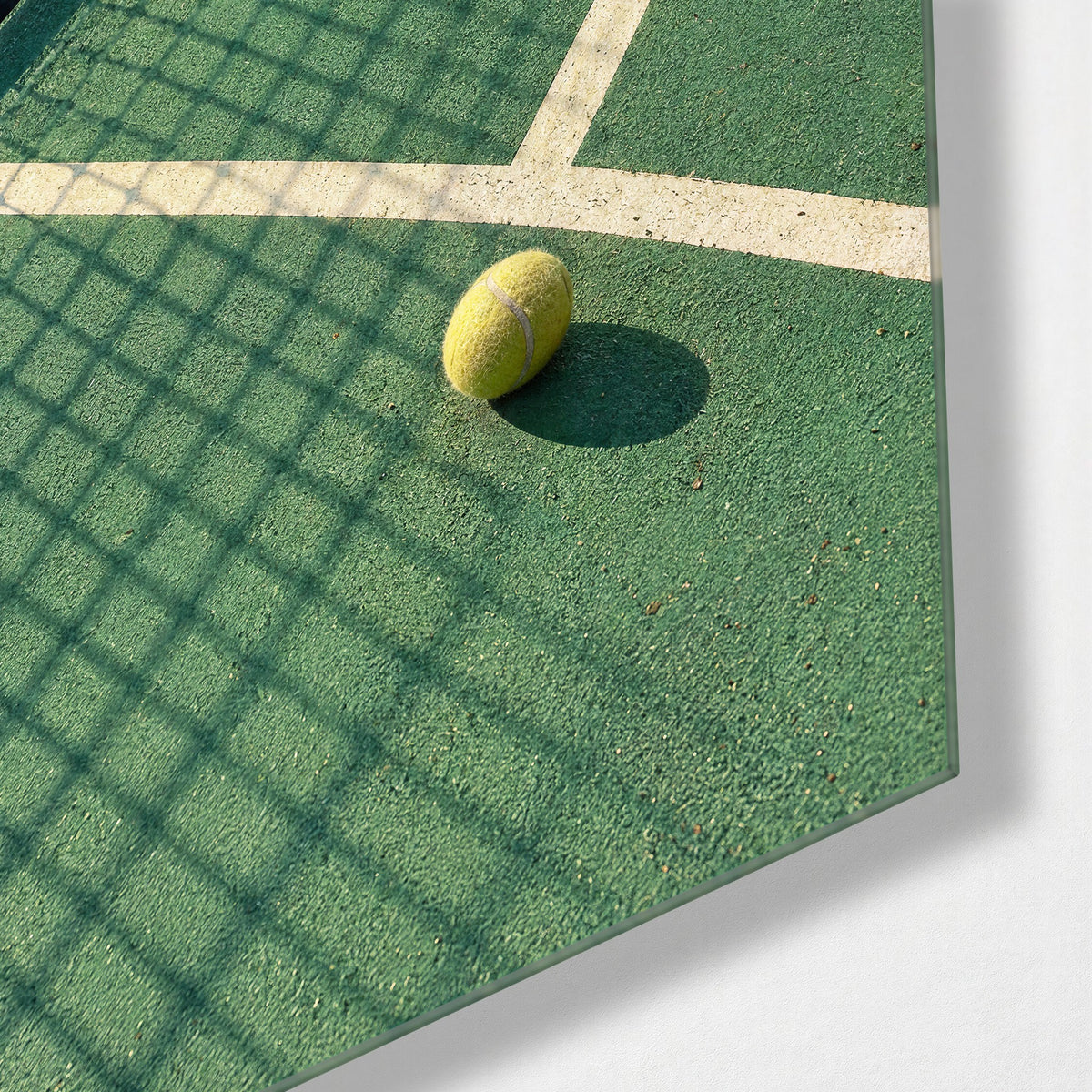 Tennis Ball Takes Five glass wall art, corner view