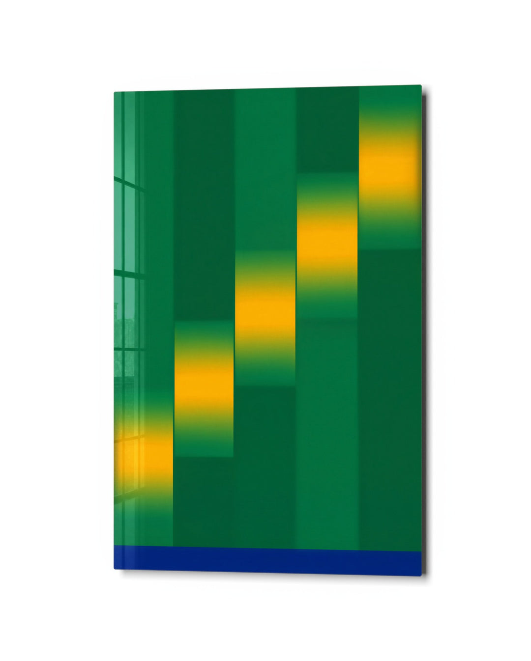 Dark Pillars, Yellow Glints glass wall art, studio view