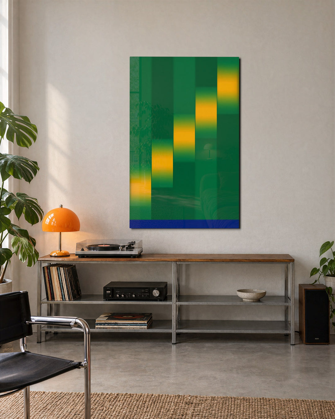 Dark Pillars, Yellow Glints glass wall art, lifestyle view