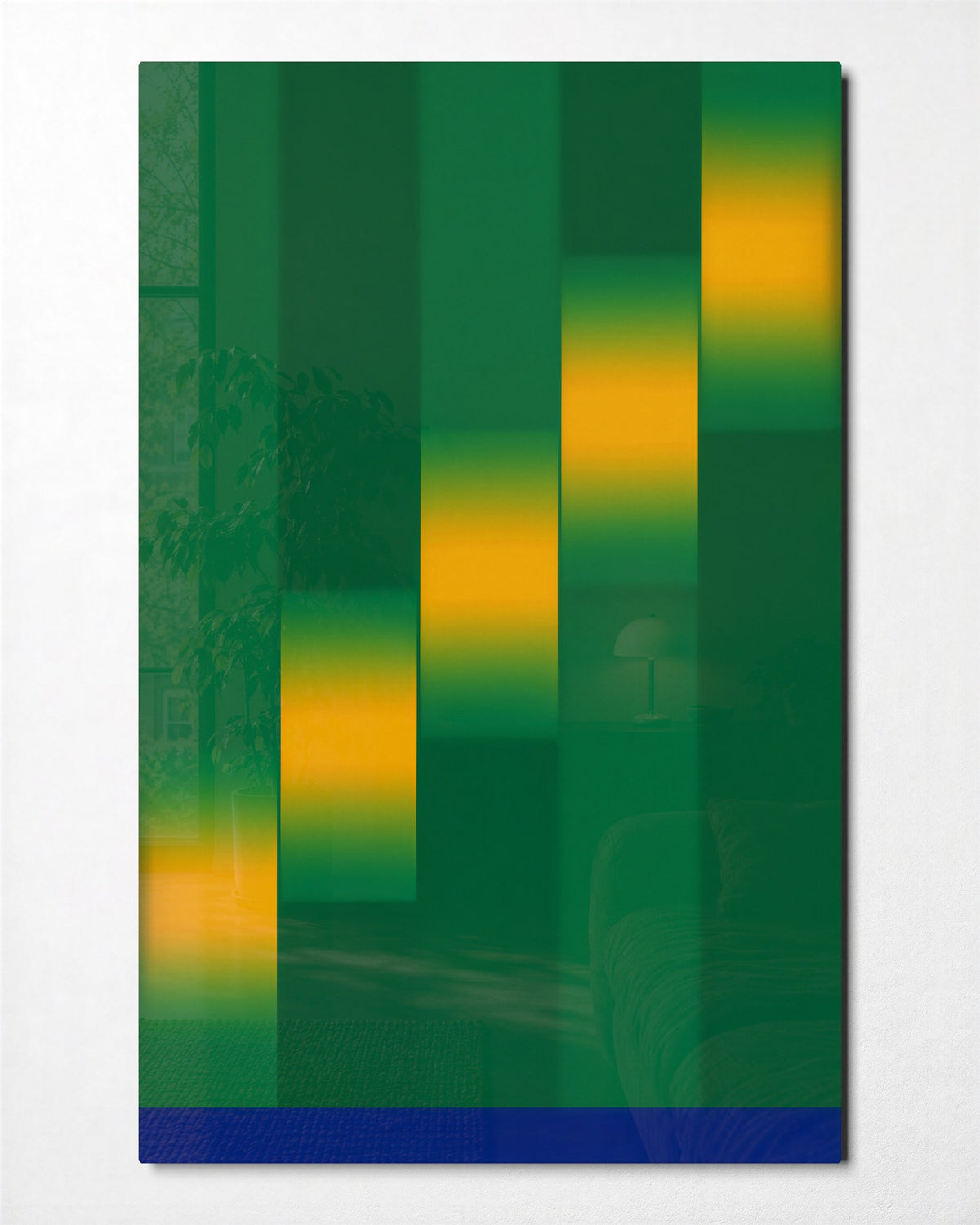 Dark Pillars, Yellow Glints glass wall art, front view