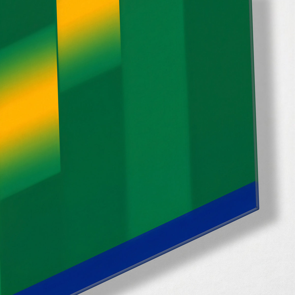 Dark Pillars, Yellow Glints glass wall art, corner view