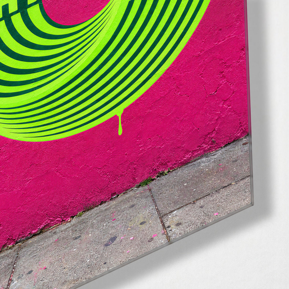 Lime Rings, Pink Wall glass wall art, corner view