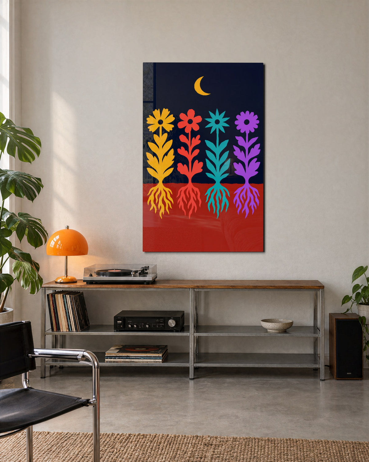 Four Roots Under a Crescent glass wall art, lifestyle view