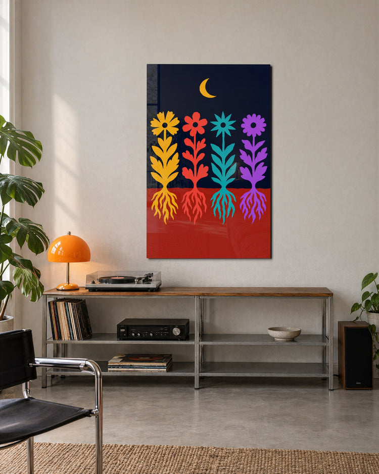 Four Roots Under a Crescent glass wall art, lifestyle view