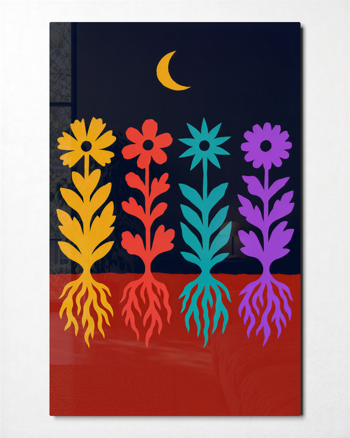 Four Roots Under a Crescent glass wall art, front view