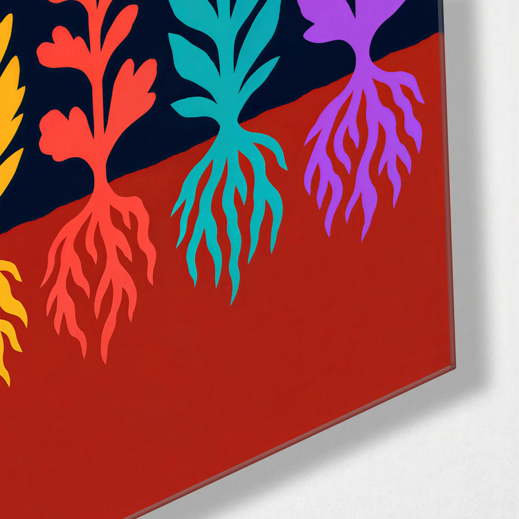 Four Roots Under a Crescent glass wall art, corner view