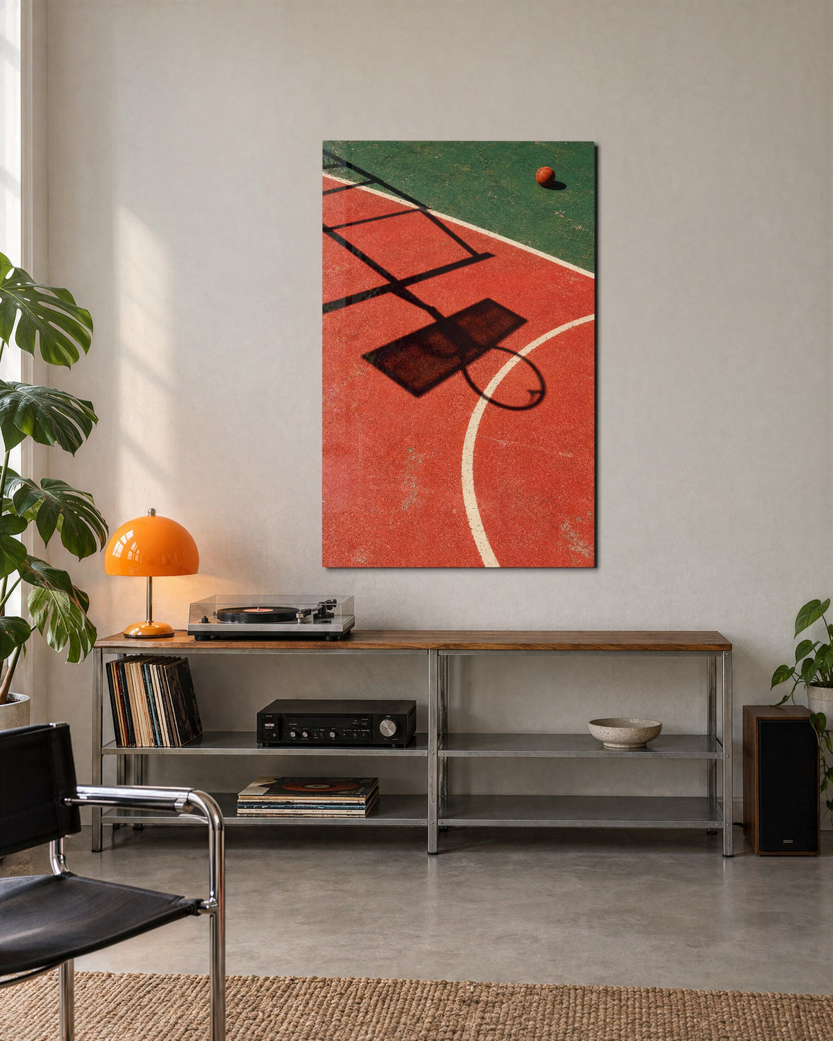 Hoop Shadow, Red Paint glass wall art, lifestyle view