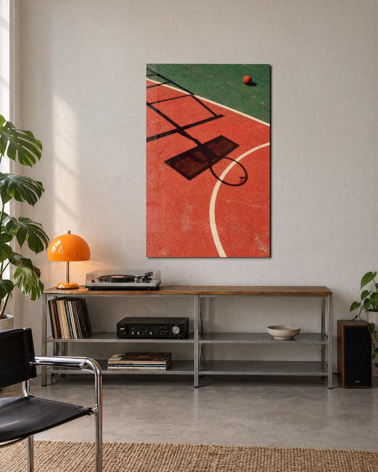 Hoop Shadow, Red Paint glass wall art, lifestyle view