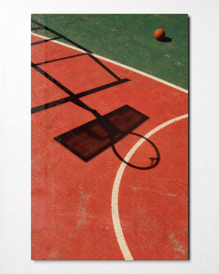 Hoop Shadow, Red Paint glass wall art, front view