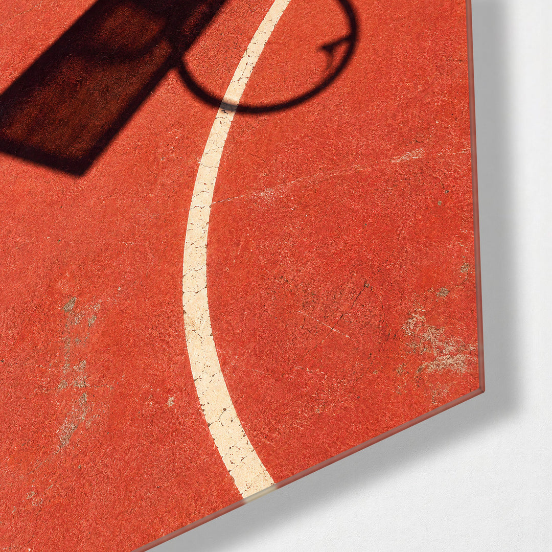 Hoop Shadow, Red Paint glass wall art, corner view