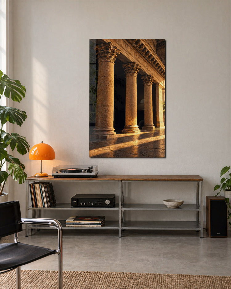 Dusk Among Pillars glass wall art, lifestyle view
