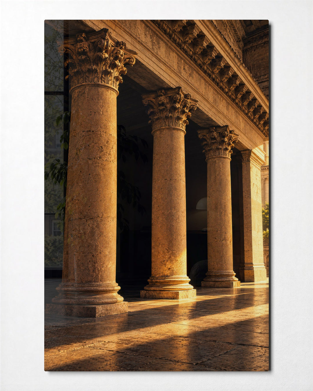 Dusk Among Pillars glass wall art, front view