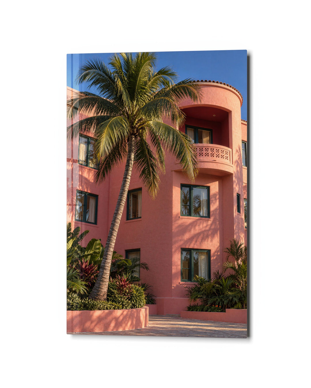 Palm Leans on Blush Villa glass wall art, studio view