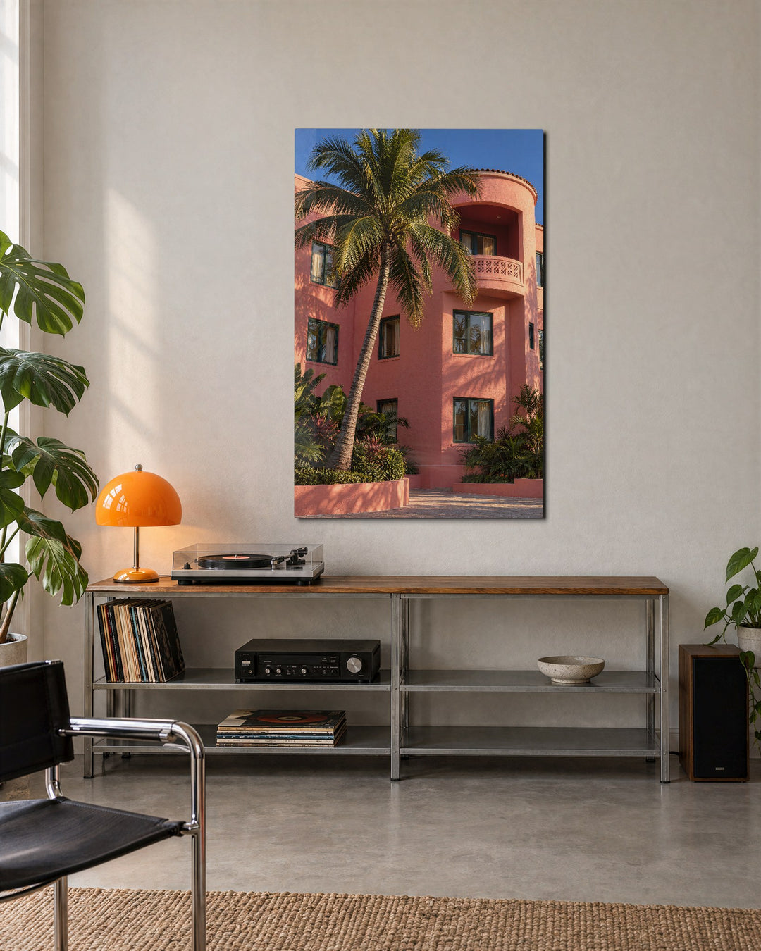 Palm Leans on Blush Villa glass wall art, lifestyle view