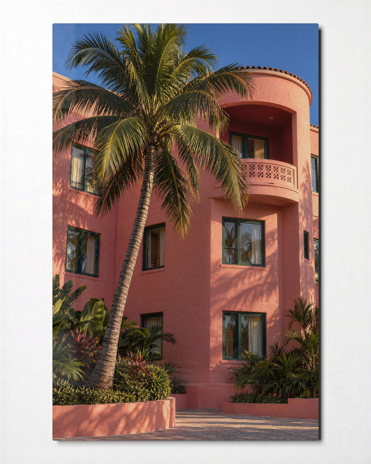Palm Leans on Blush Villa glass wall art, front view