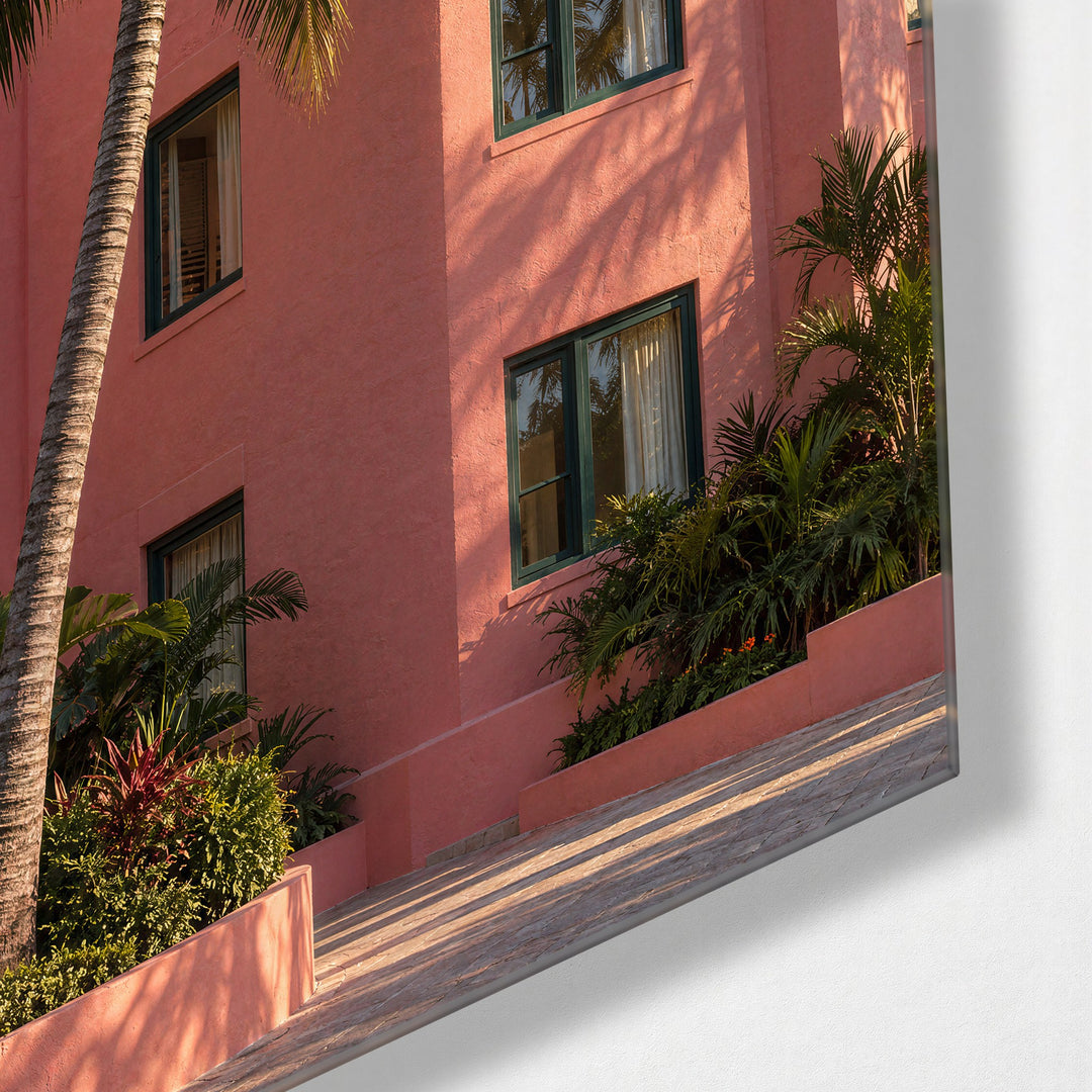 Palm Leans on Blush Villa glass wall art, corner view